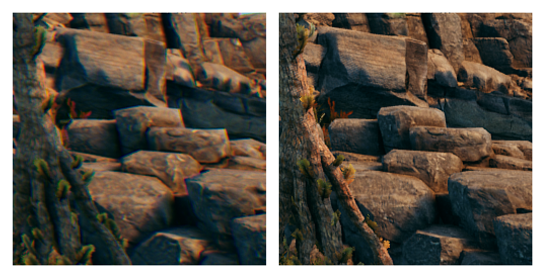 the game The Outer Worlds with and without chromatic aberration